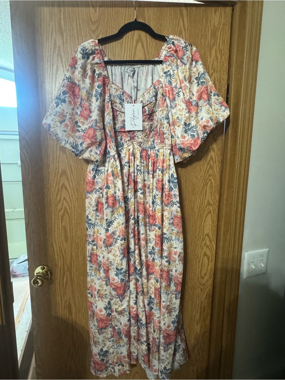 Polagram Size 1X Floral Smocked Maxi Dress with Puff Sleeves